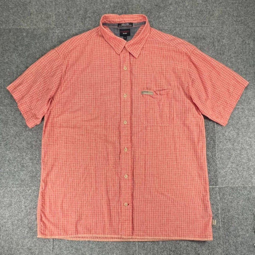 Vintage Tommy Jeans Hilfiger Button Up Shirt Mens Large Red Plaid Short Sleeve